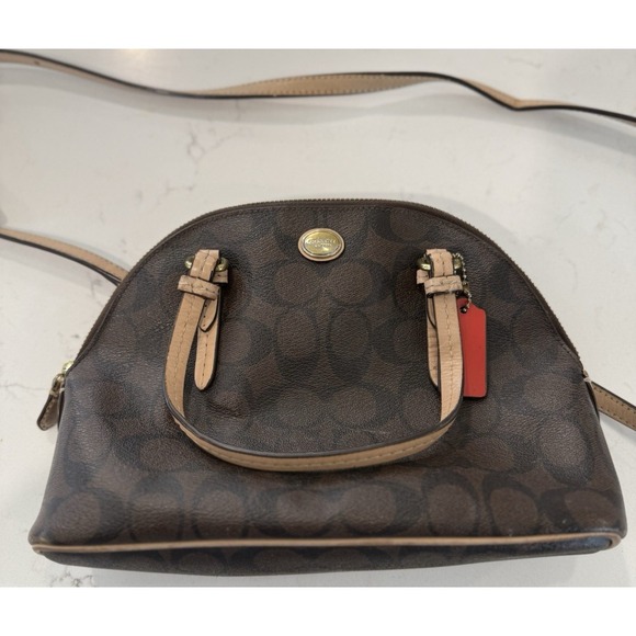 Coach Peyton Shoulder Bag Satchel Signature Cora Domed Brown Black Red Tag EUC - Picture 4 of 10